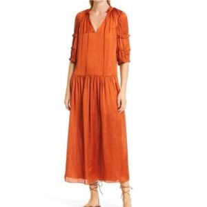 Rebecca Taylor Drop Waist Satin Pleated midi Dress in burnt orange
